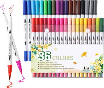 feelhigh 36 Dual Head Water Based Drawing Soft Brush Fineline Tip Color Pen Set fine Nib Sketch Pens