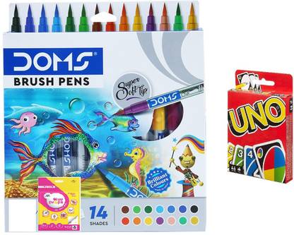DOMS Brush Pen 14 Shade With Glue Drops And Uno Card Brush Nib Sketch Pens