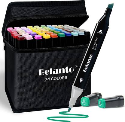 Belanto Dual Tip 24 Color Art Markers With Carrying Case For Kids Adult Painting Drawing Twin Head Chisel & Ultra Fine Permanent Colouring Marker Pens Nib Sketch Pens