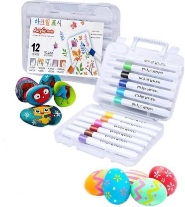 ASTIKAYA 12 pcs dual tip Acrylic Pens, Widely Used Waterproof Acrylic Paint Markers for Canvas,Wood,Glass,Ceramic, Fabric Nib Sketch Pens  with Washable Ink