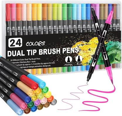 HEZON Double Head Colour Pen + Highllighter Double Head Pen and Brush Nib Nib Sketch Pens