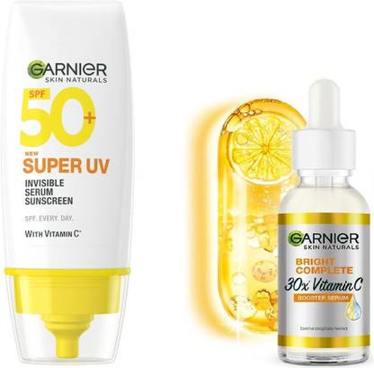 GARNIER SPF 50 PA+++ for UVA/B Invisible Serum Sunscreen for Broad Spectrum with No White Cast + Vitamin C 30x Booster Serum-15ml