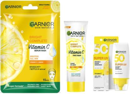 Garnier Bright Complete Super UV Invisible Serum Sunscreen SPF 50 PA++++ UVA/B, 30ml + Vitamin C Foam Face Wash 50g + Bright Complete Vitamin C Sheet Mask 28g