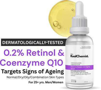 The Real Chemist Anti Ageing Retinol Face Serum with Coenzyme Q10 – Fine Line & Wrinkle Repair Serum for Women & Men | Night Serum for Glowing Skin, Collagen Boost & Skin Renewal