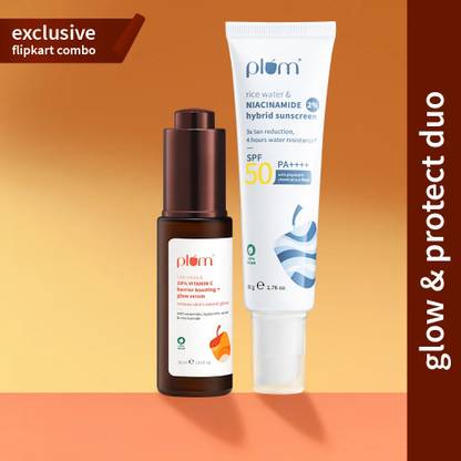Plum Glow and Protect Duo: 10% Vitamin C Face Serum 30ml + Niacinamide Sunscreen SPF 50 PA+++ 50gm