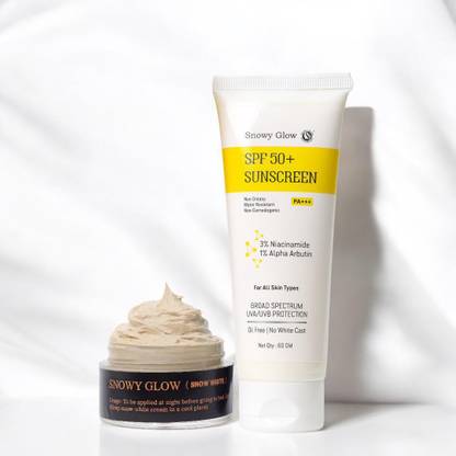 snowyglow Lightweight & Hydrating Sunscreen with SPF 50+(60gm), Night Face Cream for Brightening (20gm) Men & Women