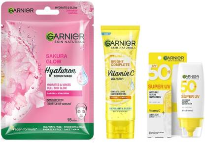 Garnier Bright Complete Super UV Invisible Serum Sunscreen SPF 50 PA++++ UVA/B, 30ml + Vitamin C Gel Face Wash 50ml + Sakura Pink Glow Sheet Mask 28g