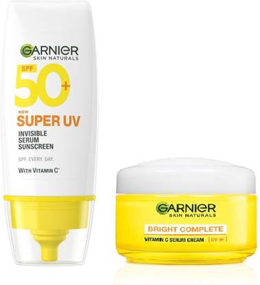 GARNIER SPF 50 PA+++ for UVA/B Invisible Serum Sunscreen for Broad Spectrum with No White Cast + Vitamin C Serum UV Cream-23g