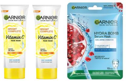Garnier Bright Complete VITAMIN C FACEWASH FOR BRIGHTER AND GLOWING SKIN DAILY CLEANSE 2PCS-100g+POMEGRANTE BLUE MASK