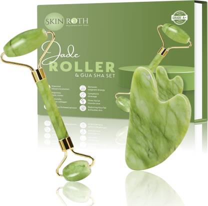 SKINROTH Grade A Jade Roller & Gua Sha, Face V-Shape Reduce Fine Lines Wrinkles Puffiness