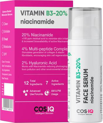 Cos-IQ Niacinamide Vitamin B3-20% High Dose Face Serum 30ml | With 1% Multi-Peptide Complex and 2% HA for Acne Marks, Blemishes, Spot Correction