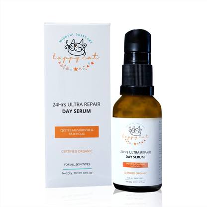 Happy cat 24Hrs Ultra Repair Day Serum with Oyster Mushroom & Patchouli | 100% Natural | Certified Organic | Hydrates & Repairs signs of Aging | For Women & Men | All Skin Types