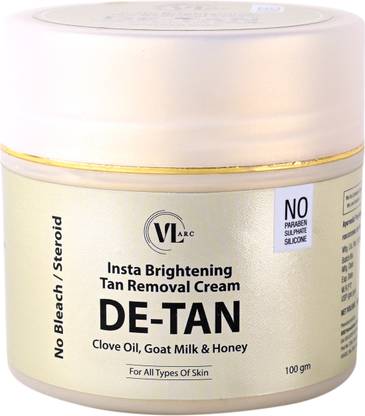 VLRAC Insta Brightening Tan Removal DE-TAN Cream with Clove Oil, Goat Milk & Honey. All Skin Type