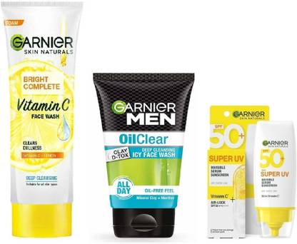 Garnier Bright Complete Super UV Invisible Serum Sunscreen SPF 50 PA++++ UVA/B, 30ml + Vitamin C Foam Face Wash 100g + Oil Clear Clay D - Tox Facewash 100g