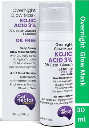 Get Nectar Happiness Overnight Glow Mask 3% Kojic Acid (Oil Free) with Beta-glucan & Bean Essence for Dark Spots, Anti-Pigmentation, Brightening facial, Glowing Skin