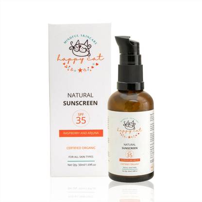 Happy cat Natural Sunscreen Lotion SPF 35 | Protects from harmful UVA/UVB | No White Cast | Certified Organic | With Raspberry oil & Arjuna Bark | Non greasy | For All Skin Types | For Men & Women