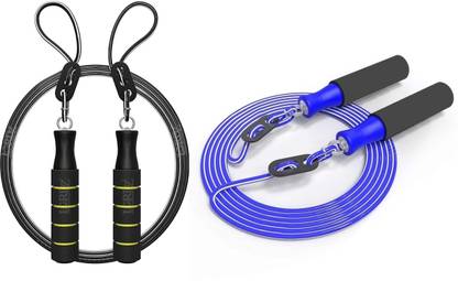 Lordz Adjustable Skipping Rope Tangle-Free with Ball Bearings (BLACK AND BLUE COMBO) Ball Bearing Skipping Rope