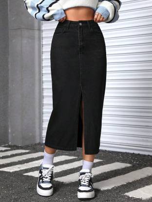 Aahwan Solid Women Straight Black Skirt