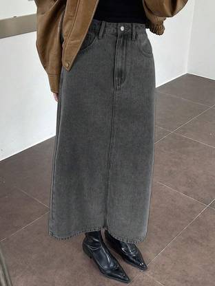 KOTTY Solid Women Straight Grey Skirt