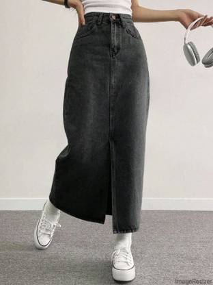 Herway Solid Women Regular Black Skirt