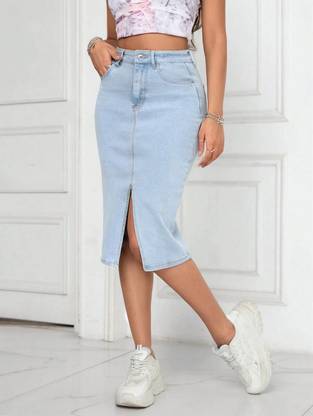Herway Solid Women Regular Light Blue Skirt