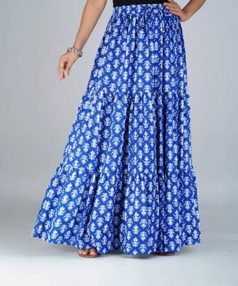 Kastoori Collection Floral Print Women Tiered Blue Skirt