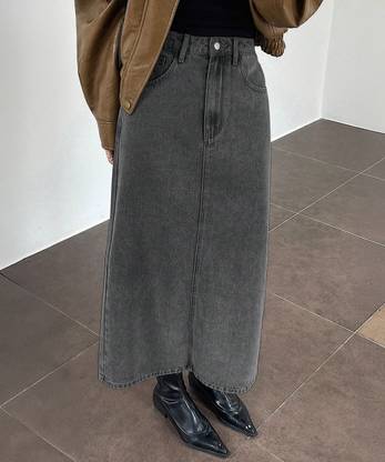 KOTTY Solid Women Straight Grey Skirt