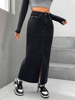 Herway Solid Women Regular Black Skirt