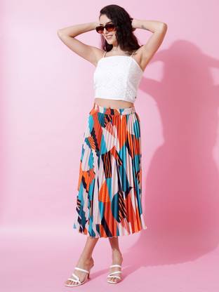 ZWERLON Printed Women Pleated Yellow Skirt
