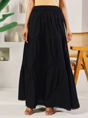 FIORRA Solid Women Tiered Black Skirt