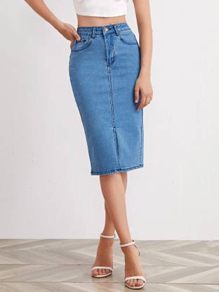 dolsia Solid Women Pencil Blue Skirt