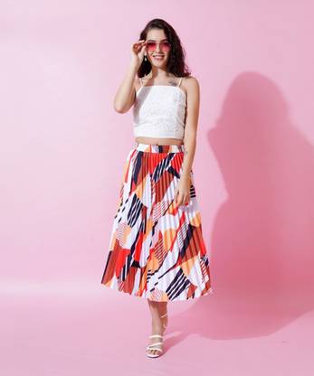 ZWERLON Printed Women Pleated White Skirt