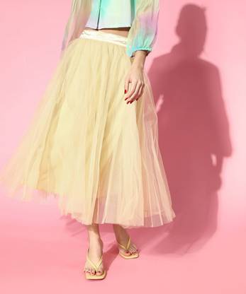 SASSAFRAS Solid Women Regular Yellow Skirt