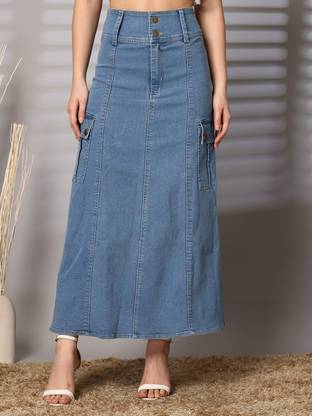 PLUSS Solid Women Regular Light Blue Skirt