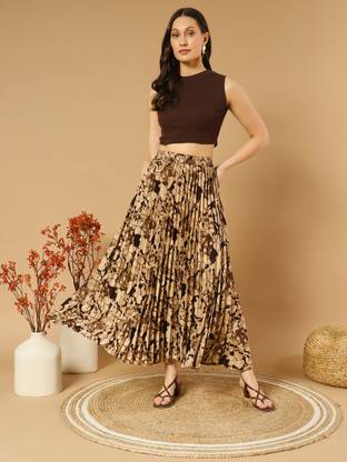 OTABU Printed Women Pleated Brown Skirt