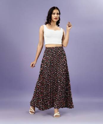 ZWERLON Abstract Women Pleated Black Skirt