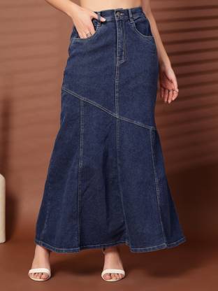 PLUSS Solid Women Flared Blue Skirt