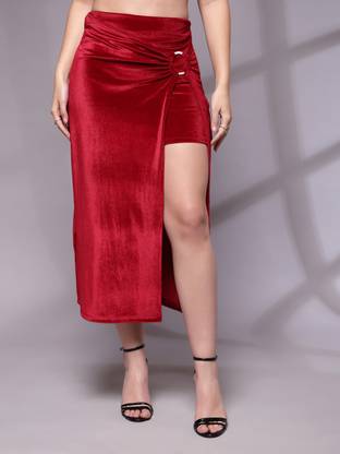 KASSUALLY Solid Women Straight Maroon Skirt