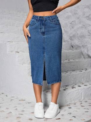 dolsia Solid Women Pencil Blue Skirt