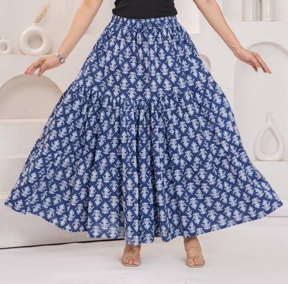 MFGIVA Floral Print Women Gathered Blue Skirt