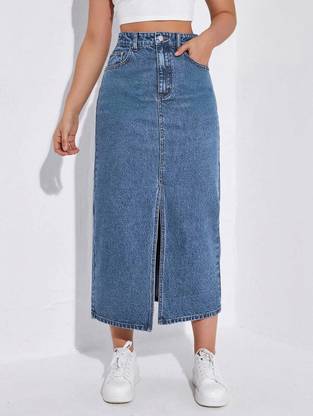 Herway Solid Women Regular Blue Skirt