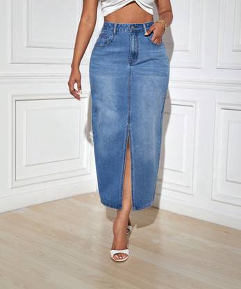 KOTTY Solid Women Pencil Blue Skirt