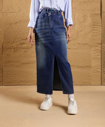 SASSAFRAS Solid Women Pencil Blue Skirt