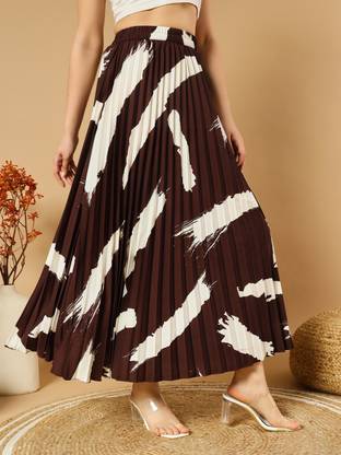 ZWERLON Printed Women Pleated Brown Skirt