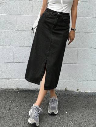 Revella Fashion Solid Women Straight Black Skirt