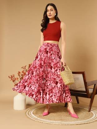OTABU Printed Women Pleated Red Skirt