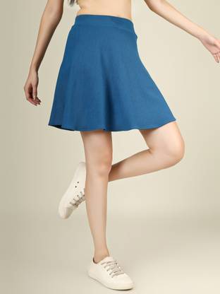 Yunic29 Solid Women Flared Blue Skirt