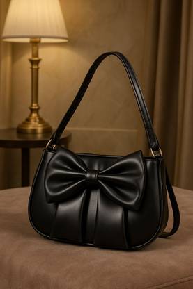 BLVCK THREADZ Black Shoulder Bag Chic Bowknot Pleated Black Shoulder Bag