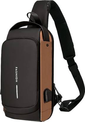 Augen Anti-theft Sling Bag Men Chest Crossbody USB Charging Port Waterproof (Brown) Waterproof Sling Bag