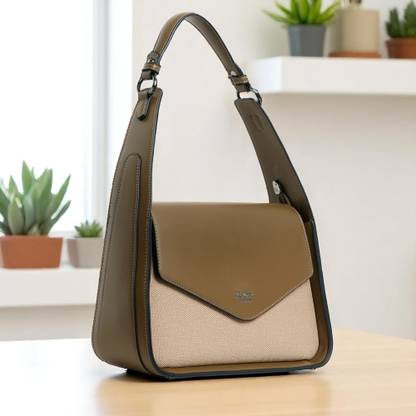 Exotic Premium Khaki Shoulder Bag Unique Design Textured Flap Closure Bag